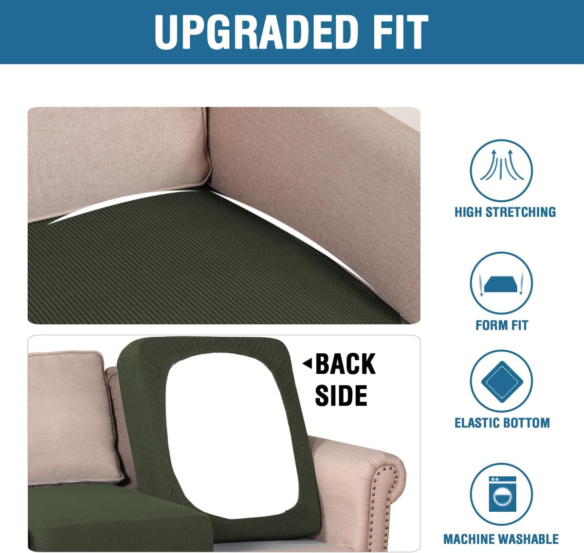 H.VERSAILTEX Super Stretch Individual Seat Cushion Covers Sofa Covers Couch Cushion Covers Slipcover Sets Thick Jacquard Textured Twill Fabric (1 Piece Sofa Cushion Cover, Olive)