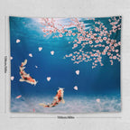 Japanese Koi Fish Tapestry, Cherry Blossoms Asian Oriental Blue Floral Branch Koi Fish Carp Tapestries Wall Hanging for Bedroom Living Room Office Decor 60"x50"