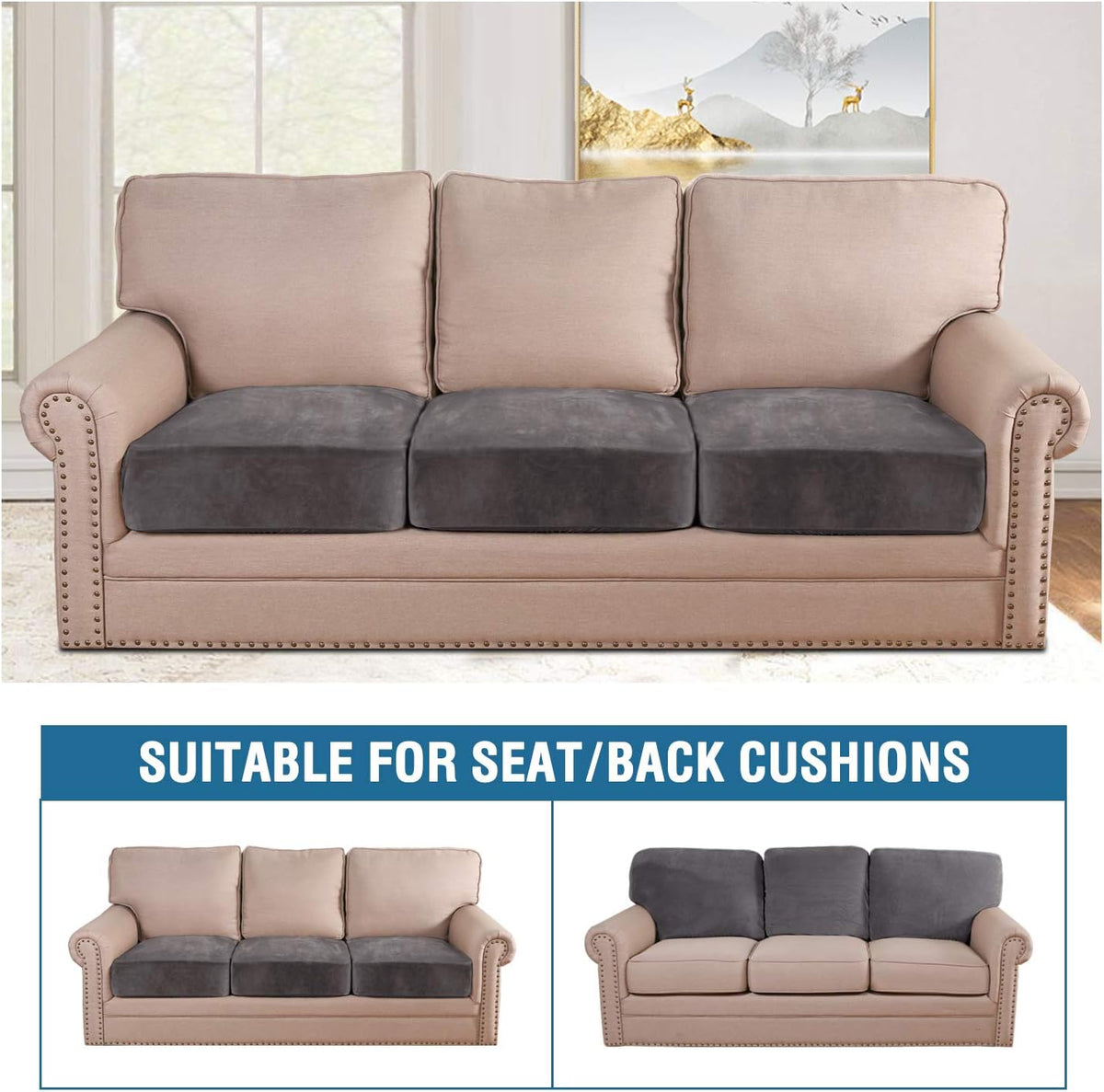 H.VERSAILTEX Velvet Stretch Couch Cushion Cover Plush Cushion Slipcover for Chair Loveseat Sofa Cushion Furniture Protector Seat Cushion Sofa Cover (3 Piece XL Sofa Cushion Covers, Grey)