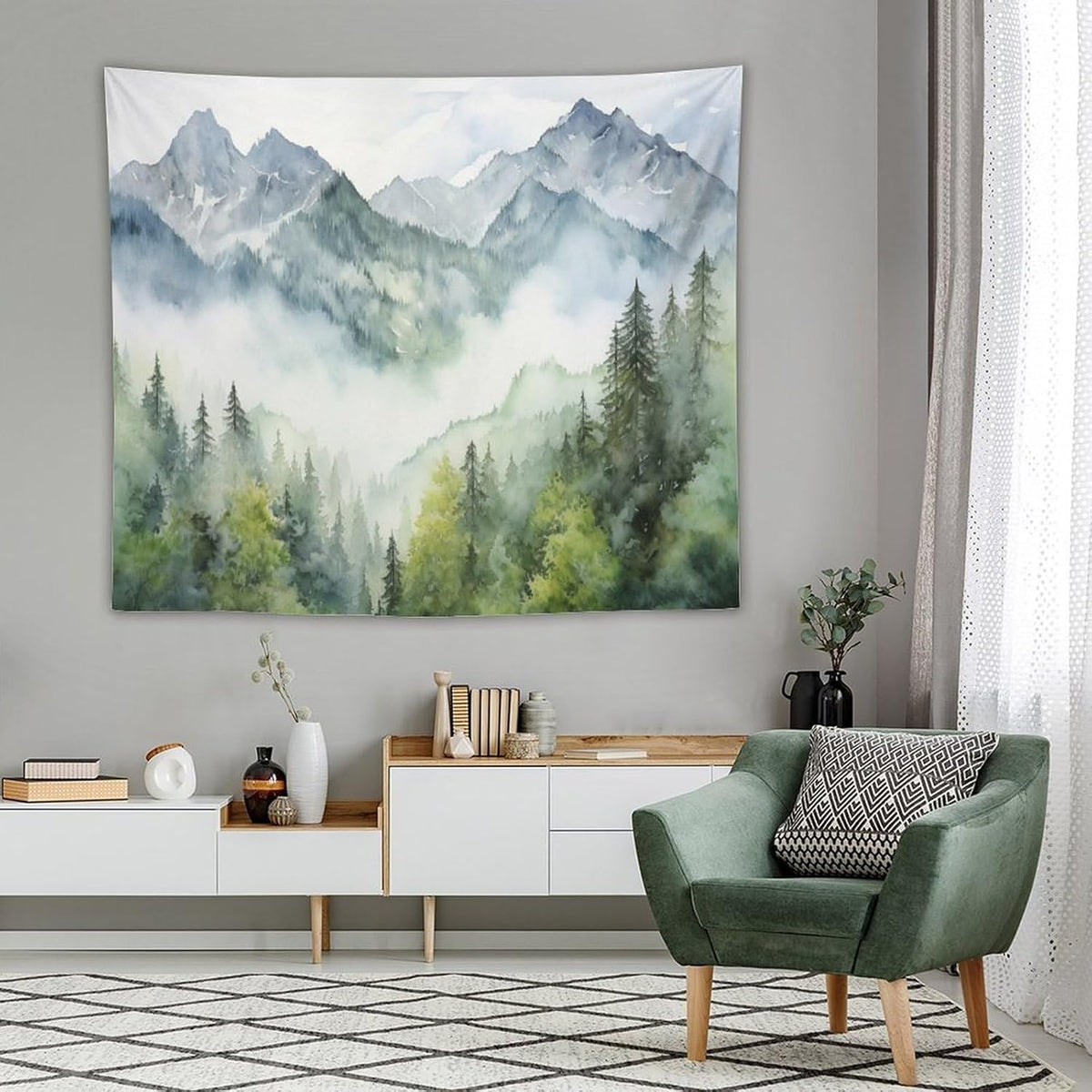 HZOHNAGO Mountain Tapestry Misty Green Forest Mountain Pattern Printed Wall Tapestry Wall Hanging for Bedroom Living Room Dorm 60" W x 50" H