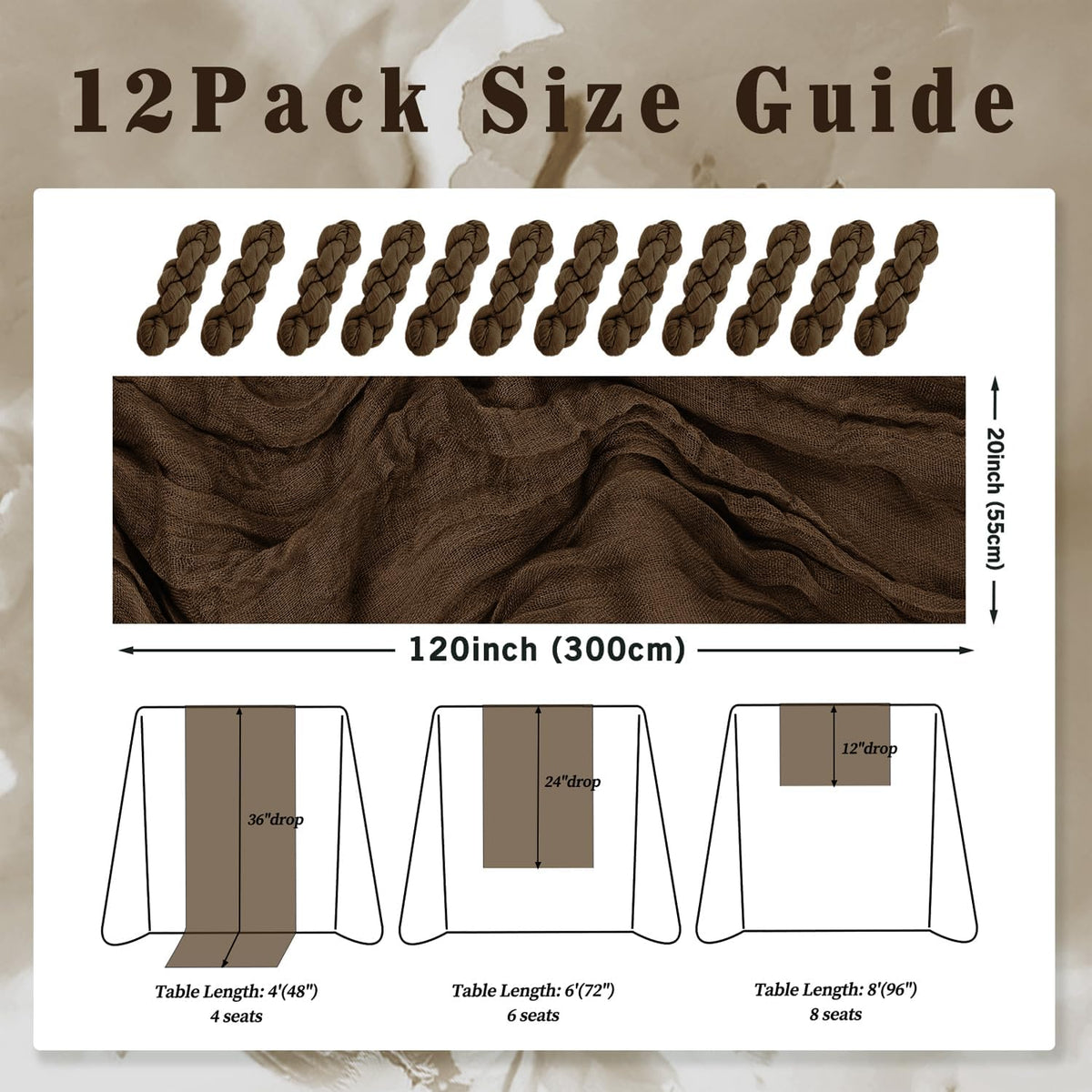 10FT 12 Pack Brown Cheesecloth Table Runner 20 x 120 Inch Long Boho Fabric Rustic Cheese Cloth Table Runner for Wedding Bridal Shower Baby Shower Gauze Sheer Birthday Party Table Decorations
