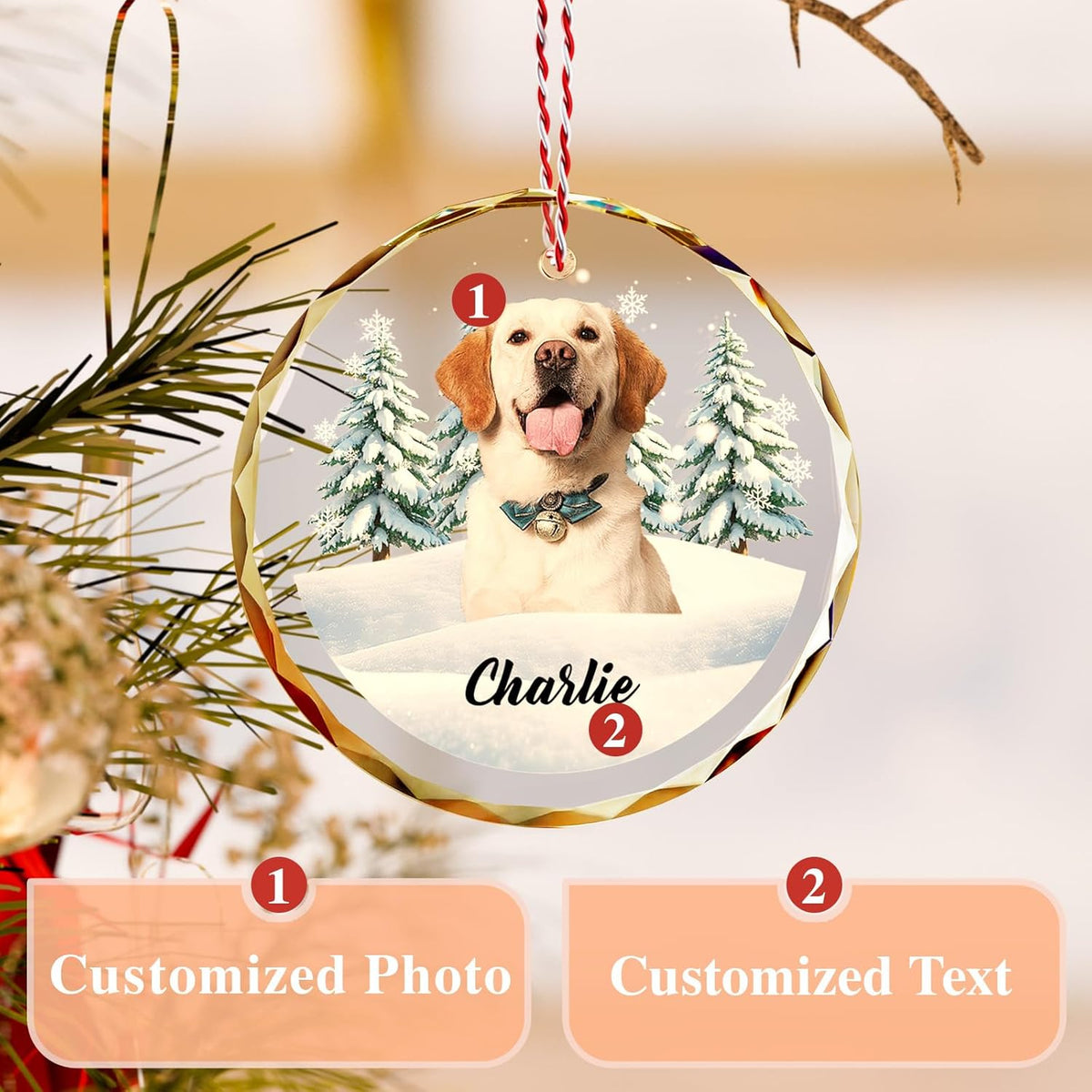 Custom Pet Christmas Ornament with Photo – Personalized Crystal Dog Cat Memorial Gift – Snow Scene Holiday Decor