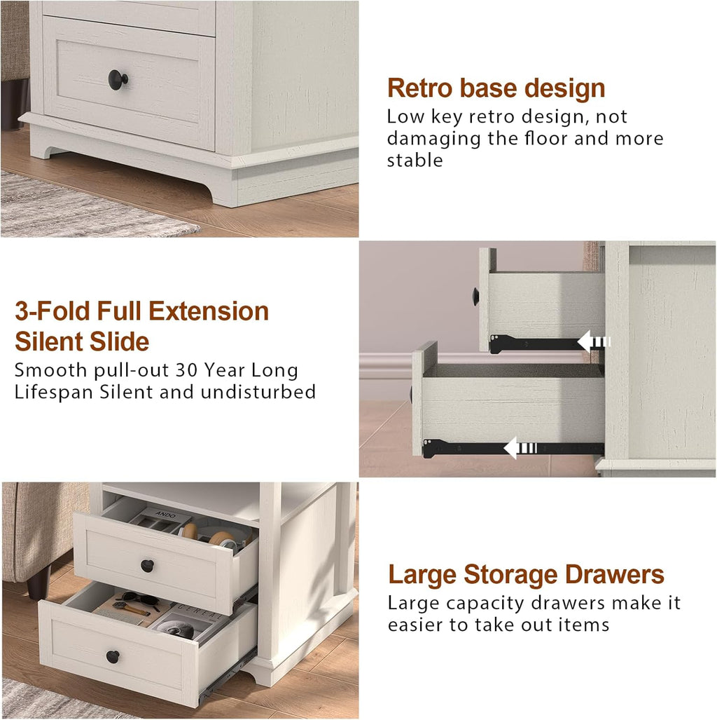 HIFYOBRO End Table with Flip Top Charging Station and 2 Drawers, Type-C & USB Port & Power outlets, Wooden Storage Cabinet, Large Side Table with Storage for Living Room and Bedroom (White)