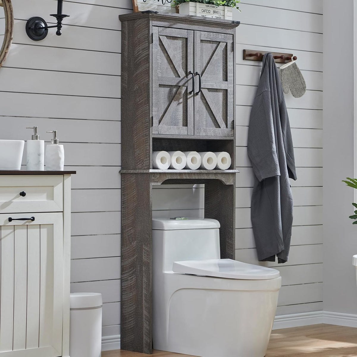 Over The Toilet Storage Cabinet, Farmhouse Bathroom Cabinet with Adjustable Shelf & Barn Door, 67" Tall Over The Toilet Shelf, Grey Wash
