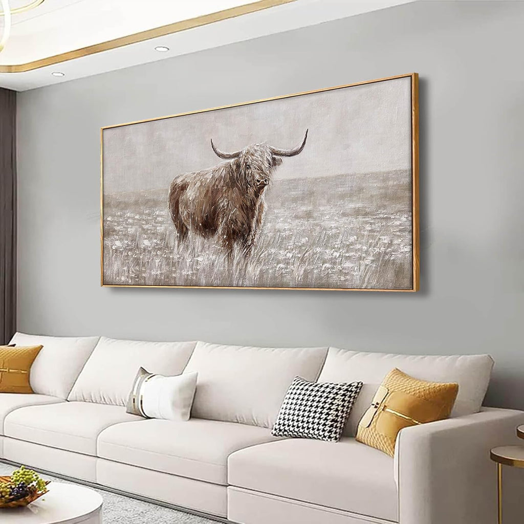 MLART99 Vintage Brown Highland Cow Painting Farmhouse Wall Art with Frame Country Decor Animal Poster for Living Room Bedroom Decor Ready to Hang 24x48