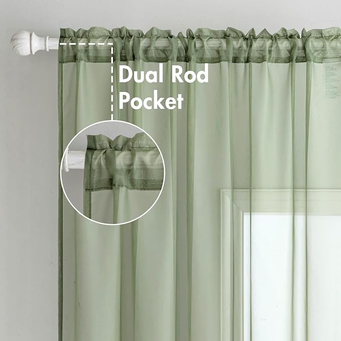 MIULEE Sage Green Sheer Curtains 54 X 54 Inches, 2 Panels | Elegant Window - Image 2