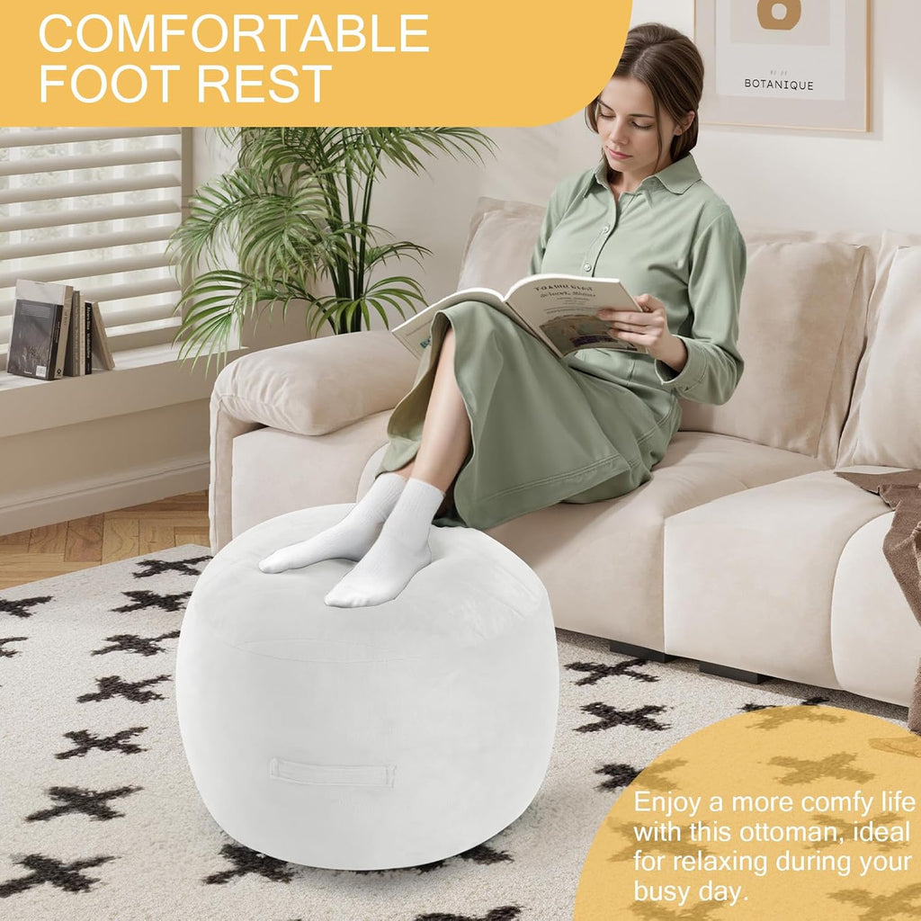 MeMoreCool Round Stuffed Pouf Ottoman Foot Rest, Floor Pouf Foot Stool with Soft Foam Chunk Filling, Small Round Ottoman Footstool Circle Footrest for Living Room, Off-White