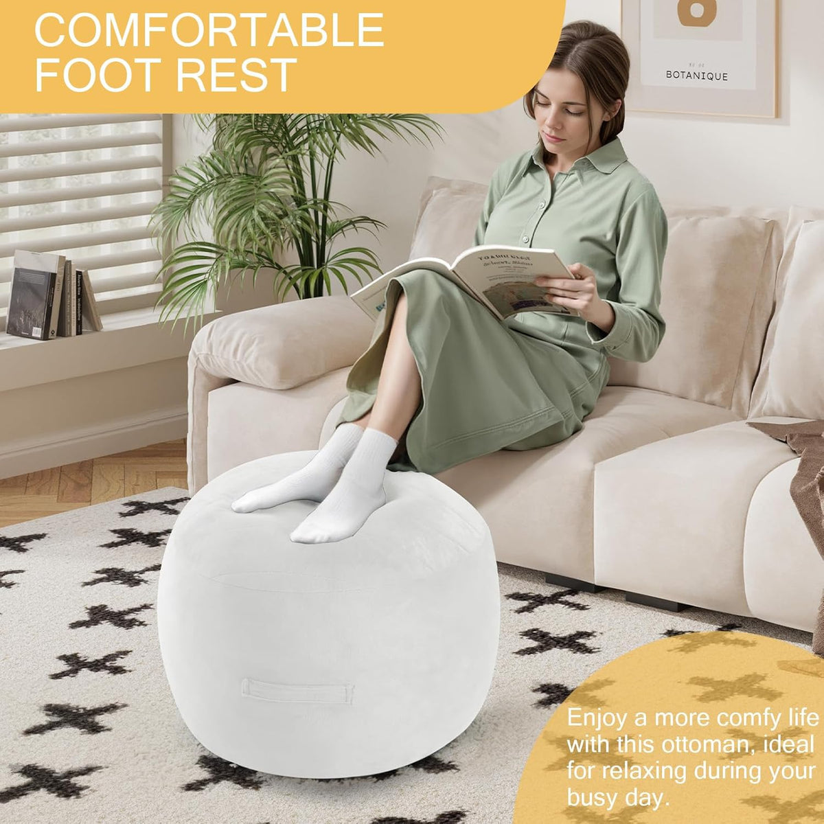 MeMoreCool Round Stuffed Pouf Ottoman Foot Rest, Floor Pouf Foot Stool with Soft Foam Chunk Filling, Small Round Ottoman Footstool Circle Footrest for Living Room, Off-White