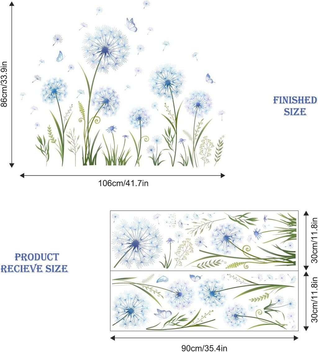 Dandelion Flower Butterfly Wall Decals Blue Dandelion Plants Floral Wall Stickers Peel and Stick Vinyl Wall Art Decor for Living Room Bedroom Office TV Sofa Backdrop Home Decor Gifts for Mom