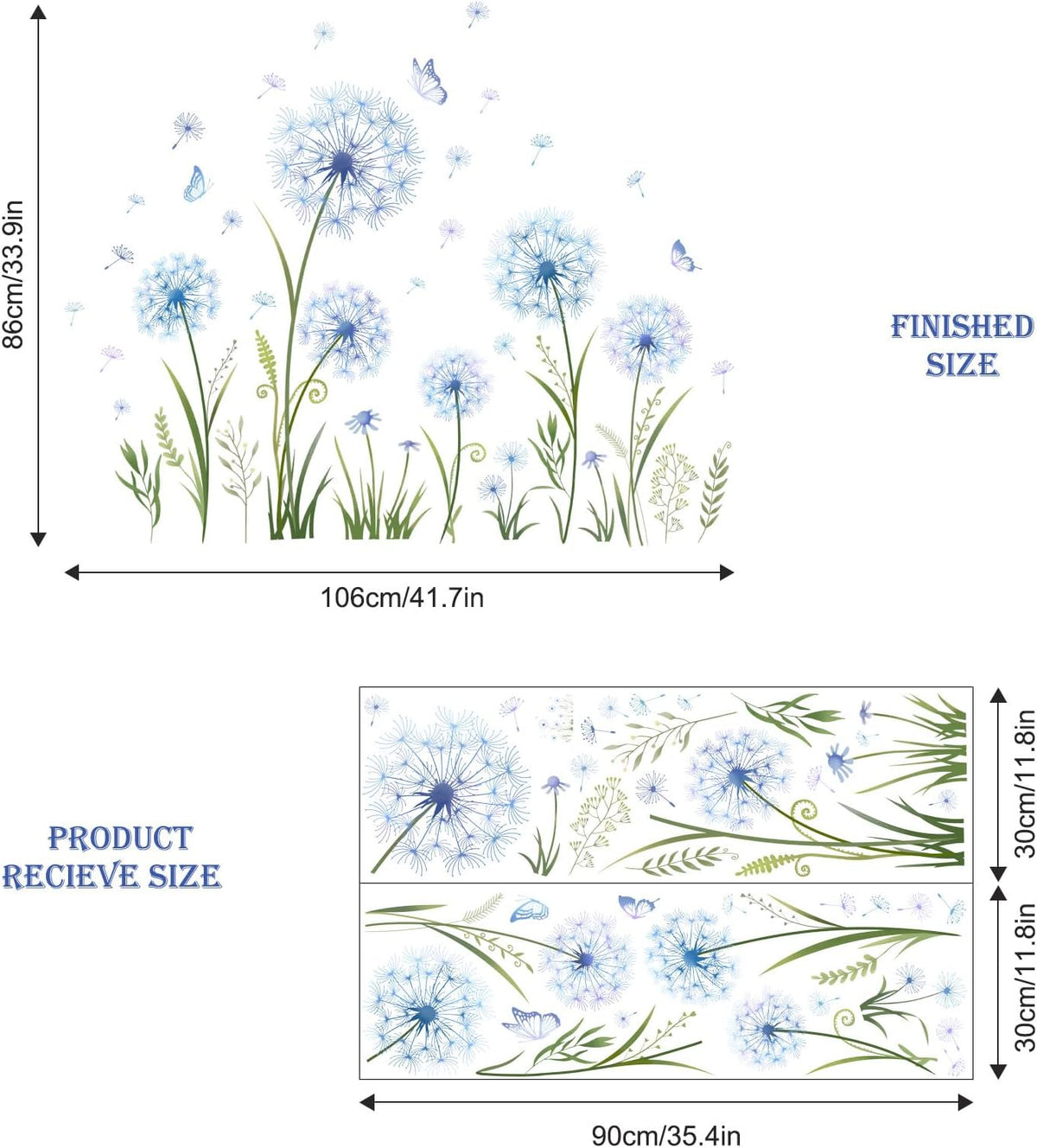 Dandelion Flower Butterfly Wall Decals Blue Dandelion Plants Floral Wall Stickers Peel and Stick Vinyl Wall Art Decor for Living Room Bedroom Office TV Sofa Backdrop Home Decor Gifts for Mom