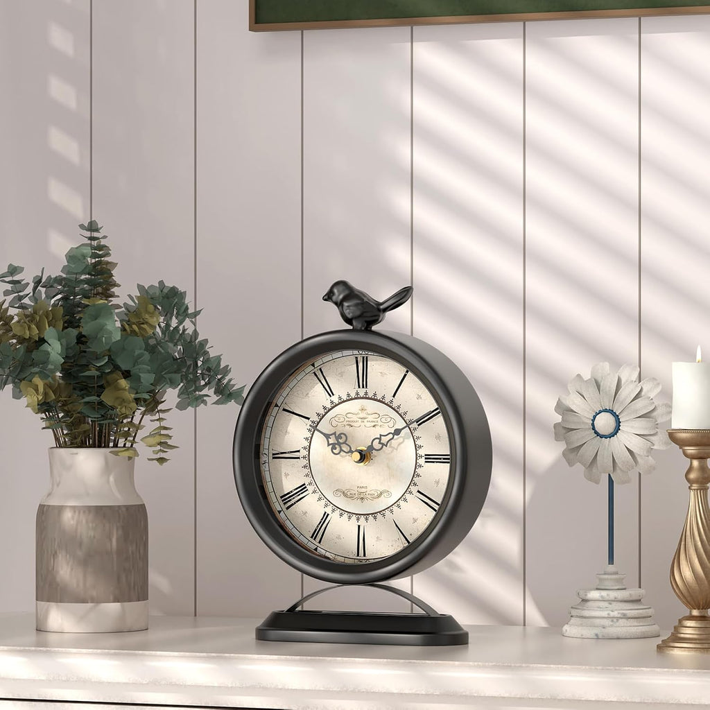 Vintage Table Clock with Bird, European Antique Style Black Mantel Clocks, Desk and Shelf Decor Clock, for Farmhouse, Bedside, Living Room, Bedroom, Gift (9" H x 6.5" W)