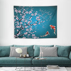 Japanese Koi Fish Tapestry, Cherry Blossoms Asian Oriental Green Teal Flower Branch Koi Fish Carp Tapestries Wall Hanging for Bedroom Living Room Office Decor 40"x30"