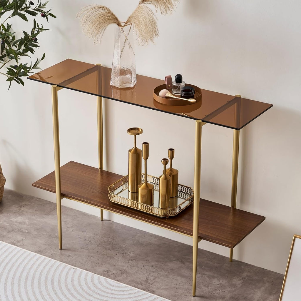 Glass Console Table for Living Room, Foyer & Entrance, 2-Tiers Mid-Century Modern Sofa Table with Amber Glass Top, Walnut Finish Wood Shelf and Gold Finish Frame