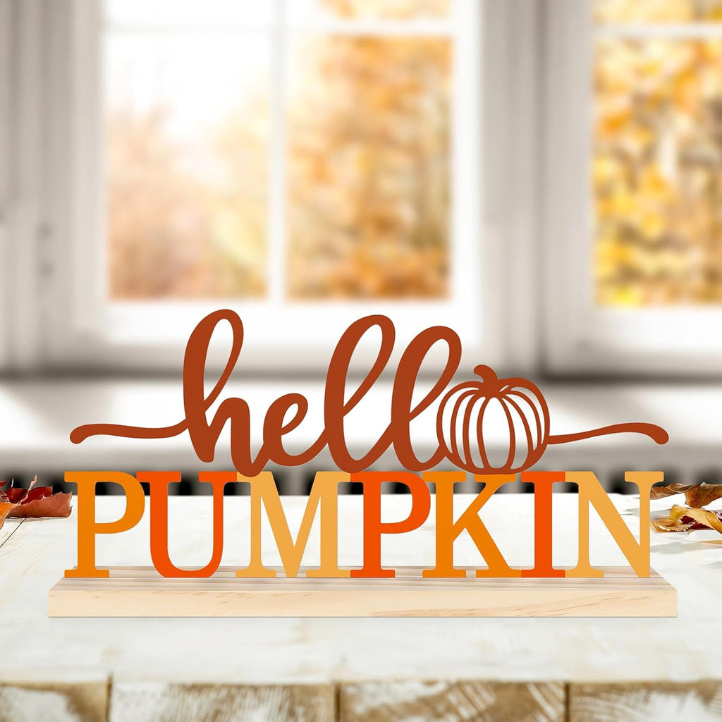 COCHIE Metal Hello Pumpkin Sign, Orange Fall Decorations for Home, Office, Shelf, Mantel, Indoor, Autumn Pumpkin Decoration, Hello Fall Decor (Autumn A)