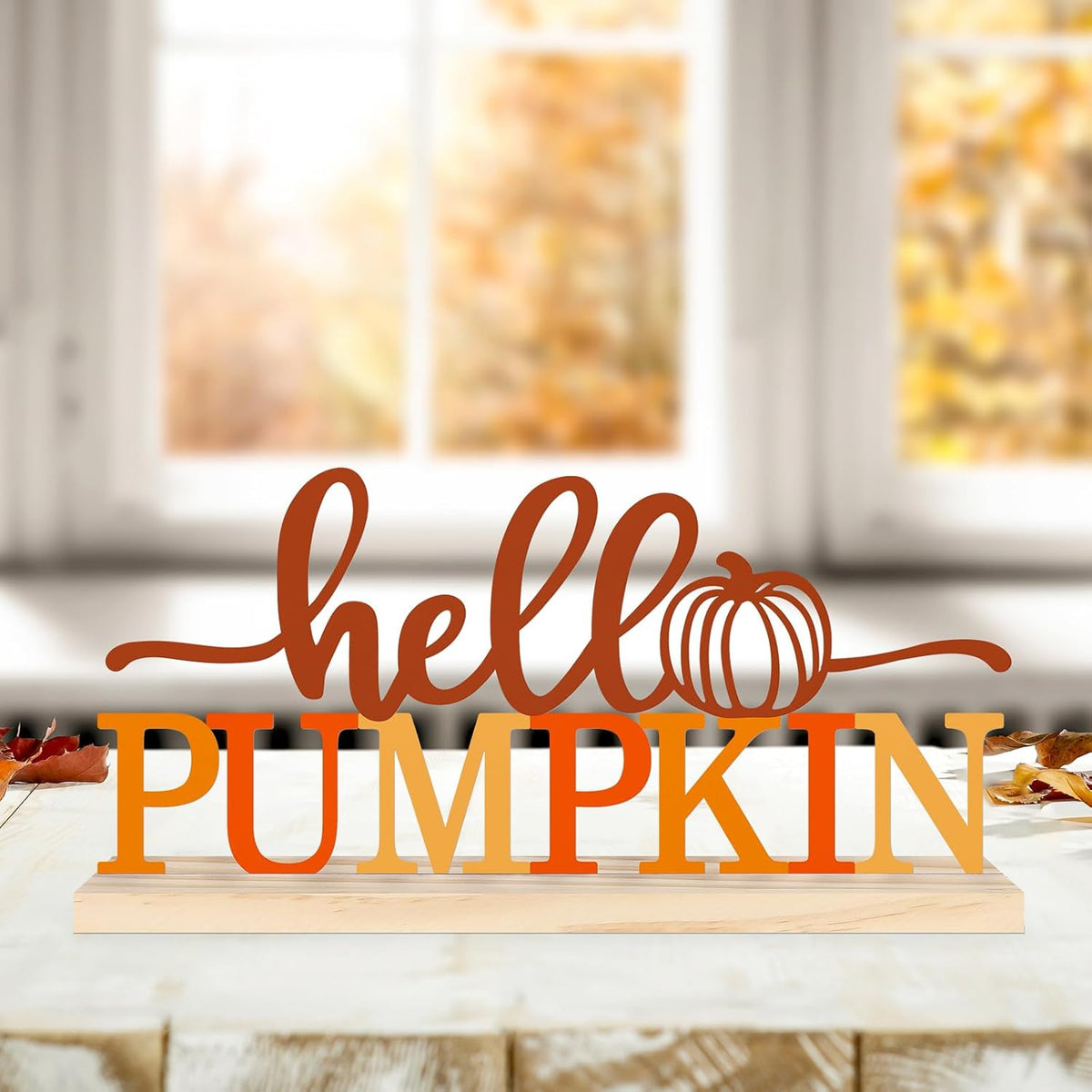COCHIE Metal Hello Pumpkin Sign, Orange Fall Decorations for Home, Office, Shelf, Mantel, Indoor, Autumn Pumpkin Decoration, Hello Fall Decor (Autumn A)