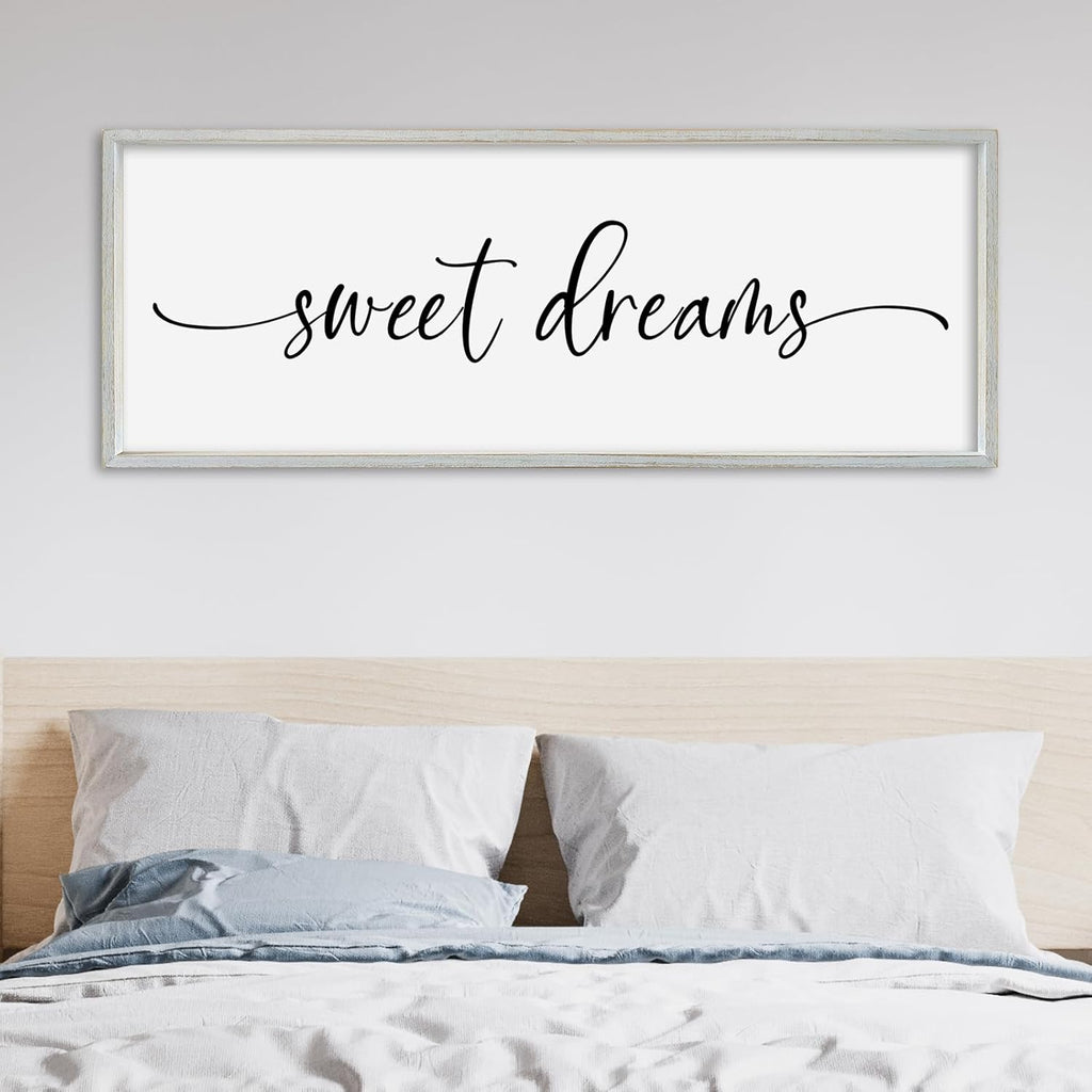 SRSZHIYUE Sweet Dreams Above Bed Wall Decor, 32"x12" Large Rustic Master Bedroom Over Bed Sign Guest Room Couples Wood Framed Farmhouse Horizontal Hanging Decoration (White)