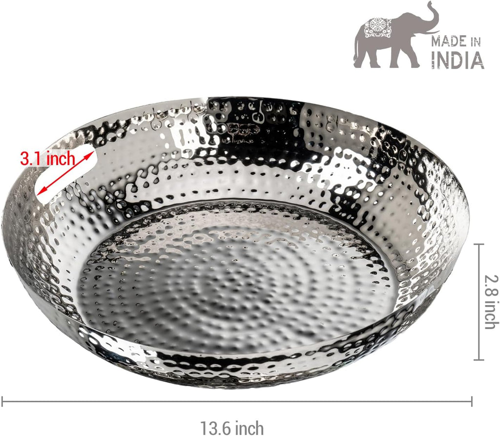 MyGift 14 Inch Deluxe Decorative Dish Tray Centerpiece Base, Silver Tone Plated Hammered Aluminum Fruit Bowl Serving Platter with Cutout Handles - Handcrafted in India