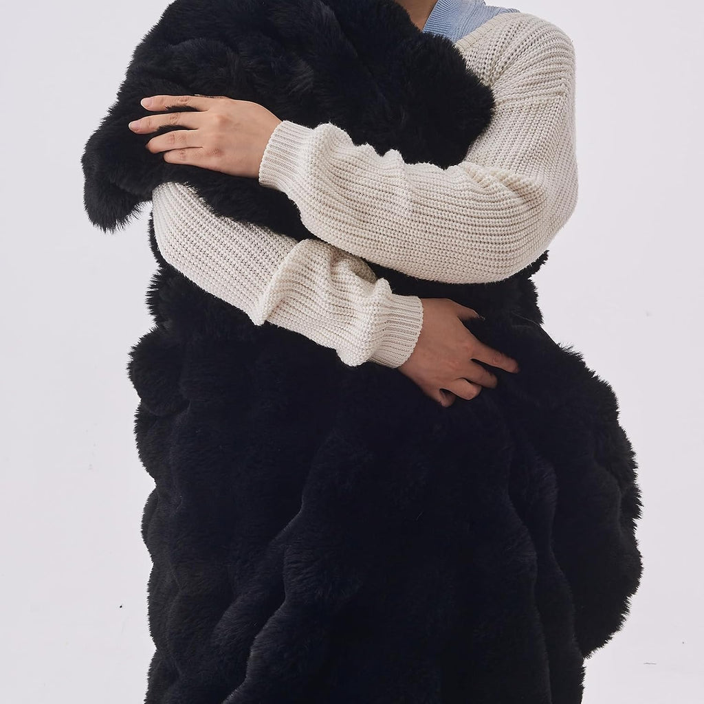 Lotus Karen Faux Fur Blanket Black - Big Bubble Rabbit Fluff King Throw for The Bed Large Fluffy Fuzzy Cozy Thick Furry Plush Shaggy Blankets 108x90 Inches