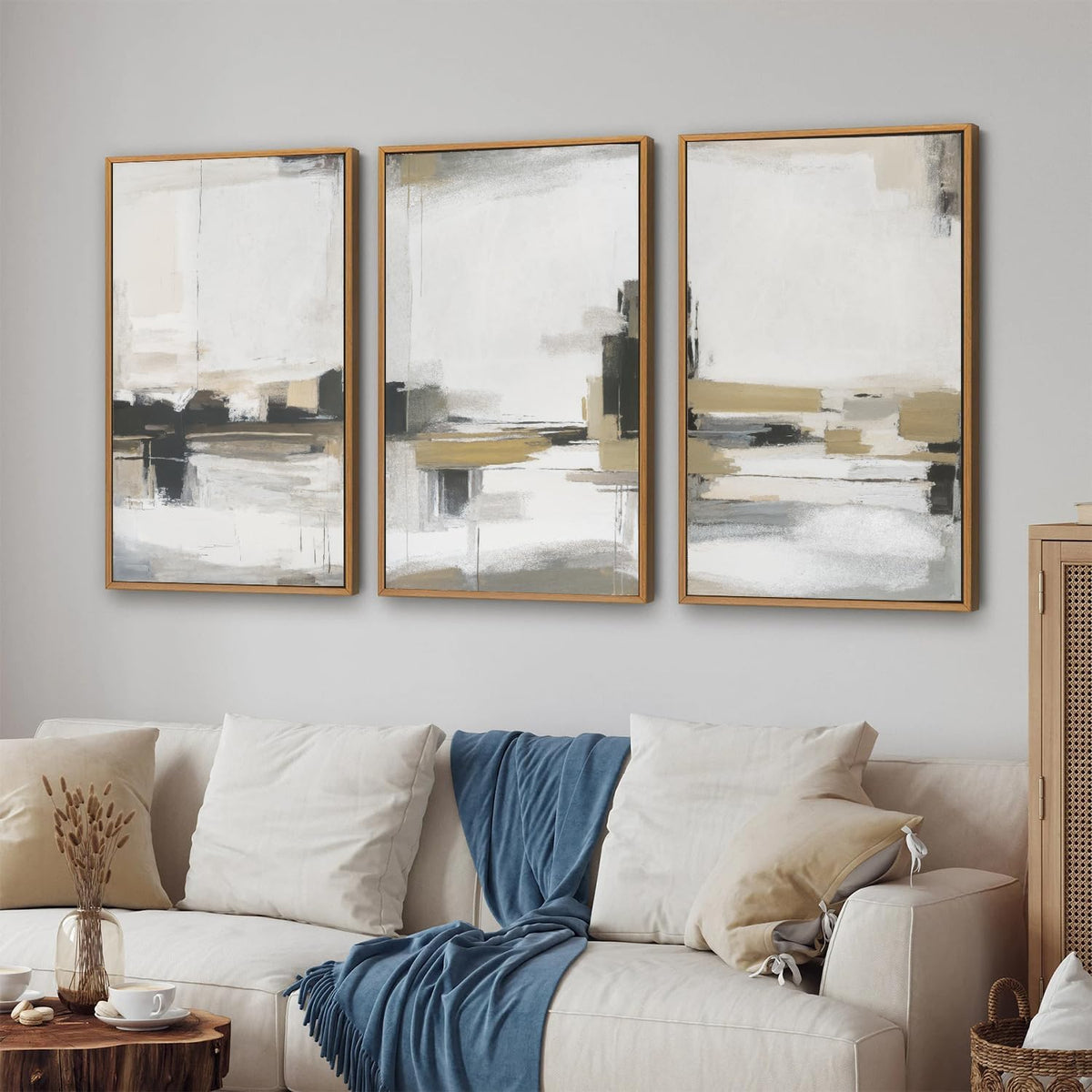 SIGNINART Beige Abstract Framed Canvas Wall Art Set, Black and White Textured Art Prints, Paint Strokes Minimalist Shapes Wall Decor, Neutral Modern Art Paintings for Living Room, Bedroom, Office 16"x24"x3