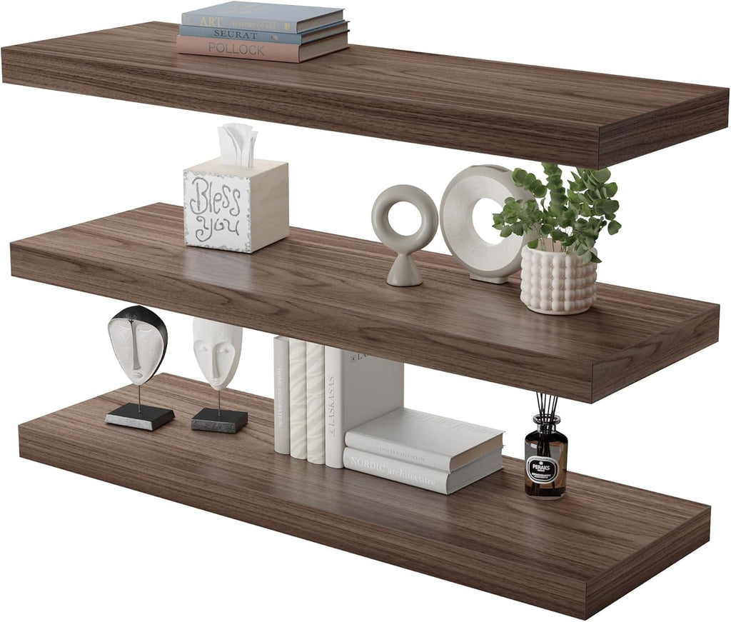 Large Floating Shelves for Wall Set of 3 Wooden Wall Shelves 24 in x 12.75 in x 2 in Room Decor Long Shelf with Invisible Wall Mount Bracket for Bedroom Kitchen Living Room Walnut