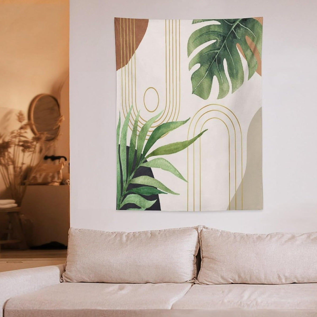 Abstract Boho Tapestry, Mid Century Tropical Tree Leaves Modern Geometric Arch Bohemian Botanical Tapestry, Home Aesthetic Wall Hanging Art Decor for Living Room Bedroom Dormitory 50x60 Inch