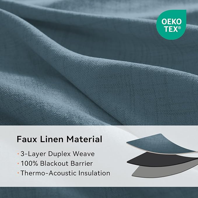 100% Blackout Linen Textured Curtains 63 Inch Long, Stone Blue | 100% Blackout - Image 4