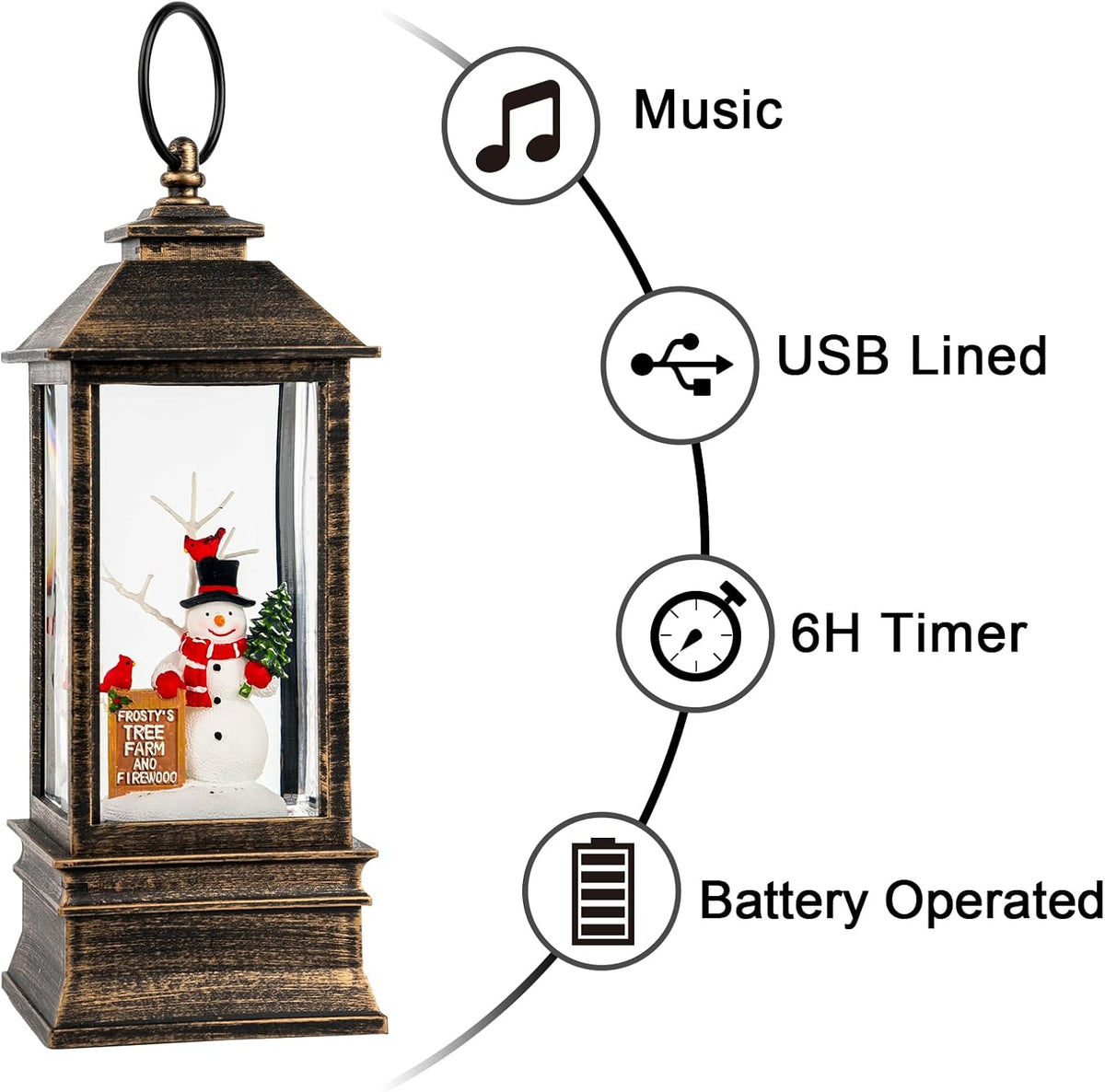 Christmas Snow Globe Water Glittering Farm Snowman with Music & Timer, USB Lined/Battery Operated Lighted Lantern for Christmas Festival Decoration Gifts