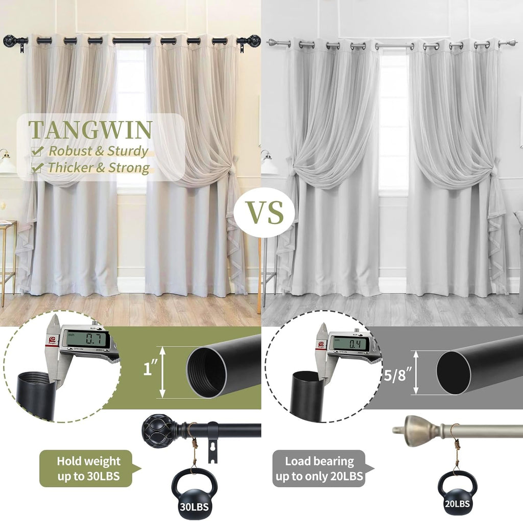 Black Adjustable Curtain Rods for Windows:66-120" Farmhouse Heavy Duty Curtain Rod for Bedroom Living Room,Boho Decorative Rustic Drapery Rods with Vintage Coastal Texture Finial,Matte Black