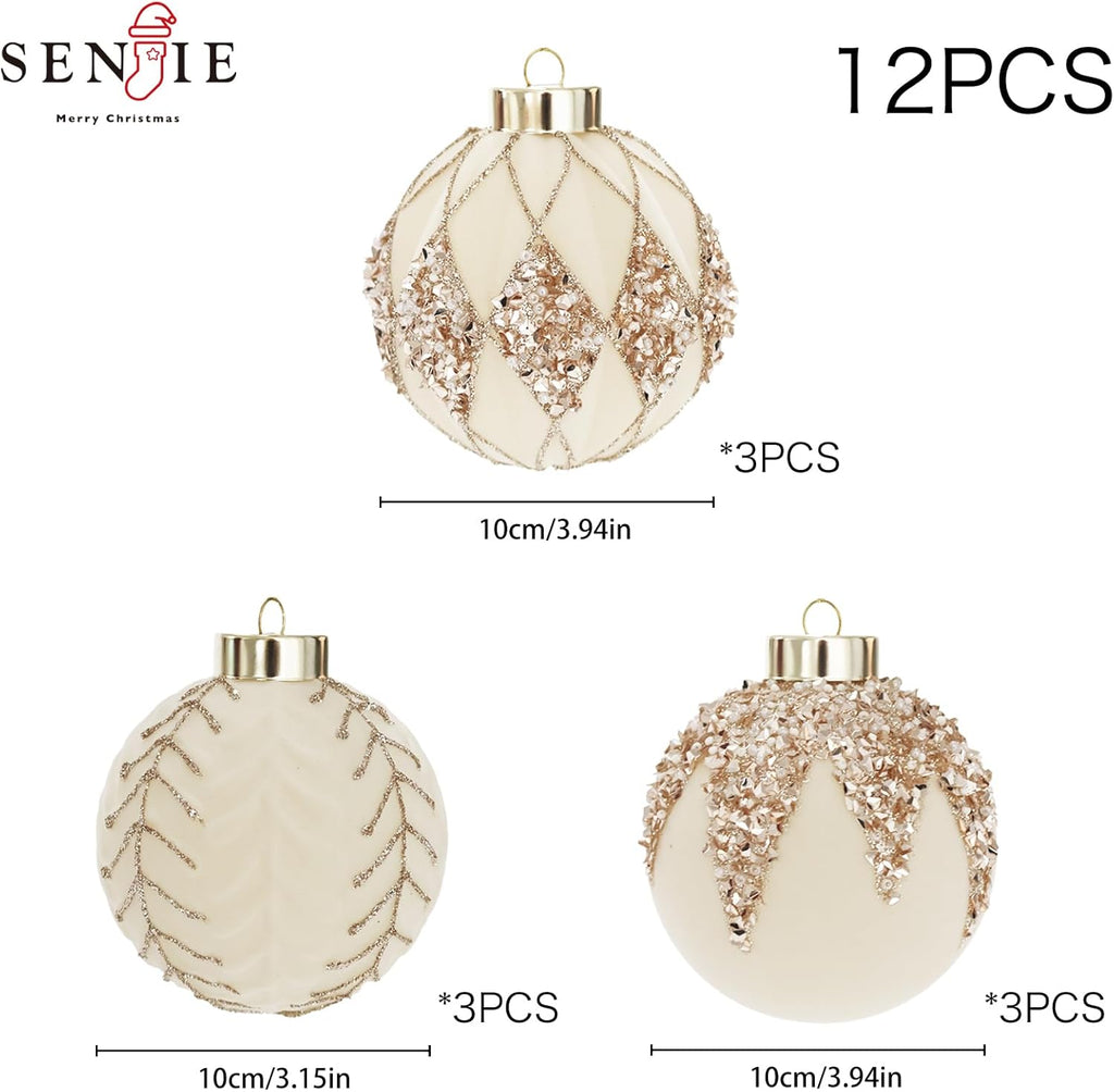 4inch Velvet Ornaments for Christmas Tree, 9PCS Glitter Flocked Christmas Ornaments Decorations Balls Set Decor Beige