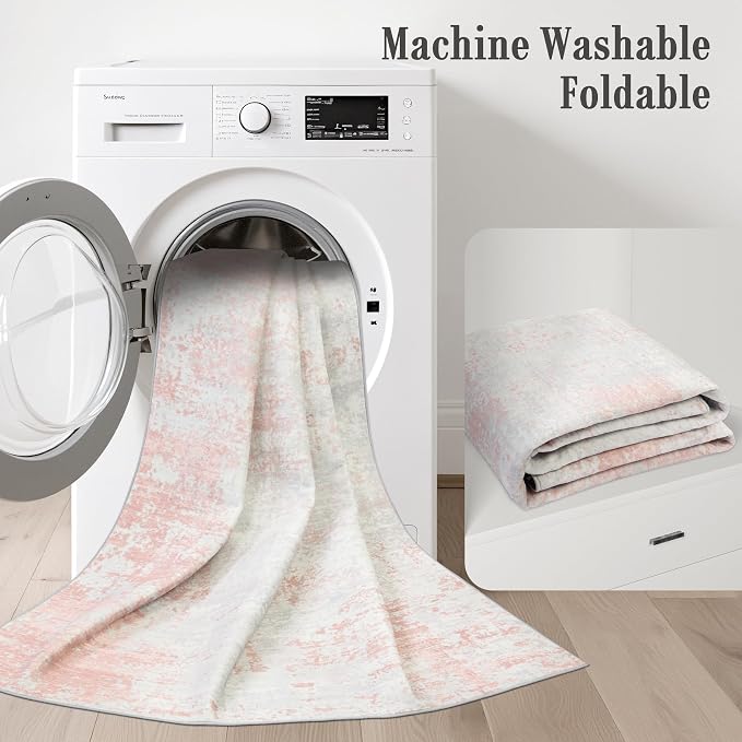 2.6x10 Washable Runner Rug:Modern Abstract Soft Carpet Pink White | - Image 6
