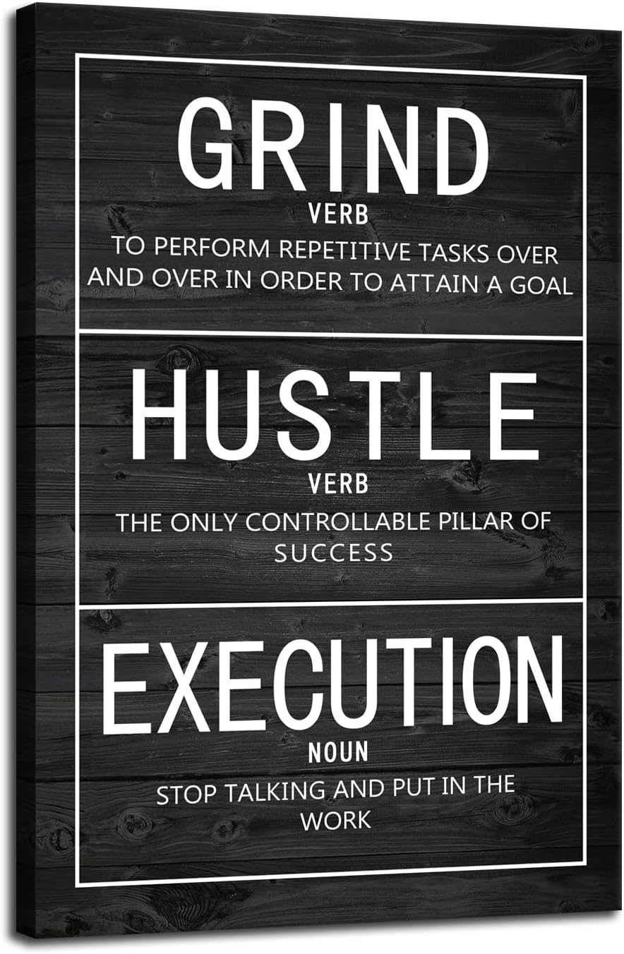 Grind Verb Hustle Verb Execution Noun Motivational Canvas Painting Wall Art Inspirational Poster Prints Artwork Pictures for Home Decor Office Framed Ready to Hang [12''W x 18''H]