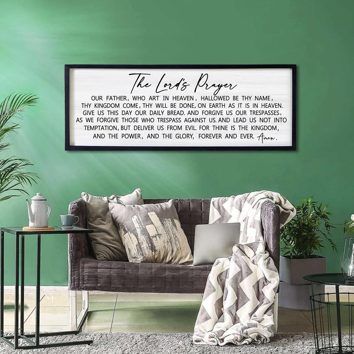 Our Father Prayer Bible Verse Framed Wall Art, 40''×15'' Black Horizontal Religious Christian Lords Prayer Sign for God Jesus Christ Prayer, Rustic Holy Inspirational Catholic Scripture Decor