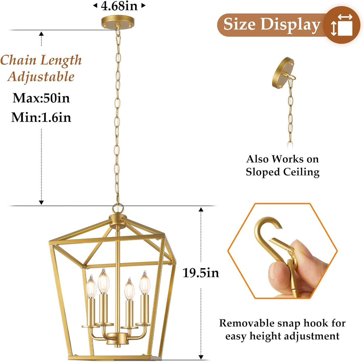 Farmhouse Chandelier 4-Light, Gold Pendant Light Fixture for Kitchen Island Dining Room, Lantern Industrial Lighting Ceiling Hanging with Metal Cage Adjustable Height for Entryway Foyer