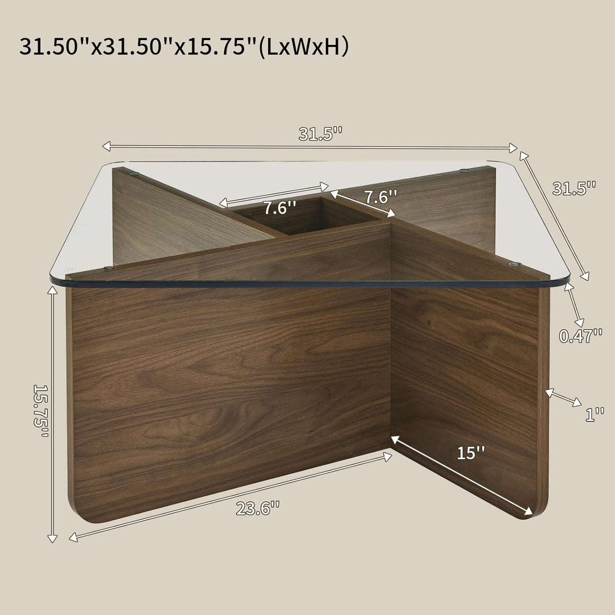 31.5" Glass Coffee Table, MDF Mid-Century Modern Square Coffee Table with Tempered Glass Top, Square Center Tables for Small Space Living Room Office Apartment, Walnut