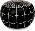 Stuffed Arch Design Moroccan Leather Pouf Ottoman, Handmade, Pre-Filled, 100% Genuine Leather, 14” Height x 22” Diameter – Boho Chic Footstool & Living Room Décor (Black)