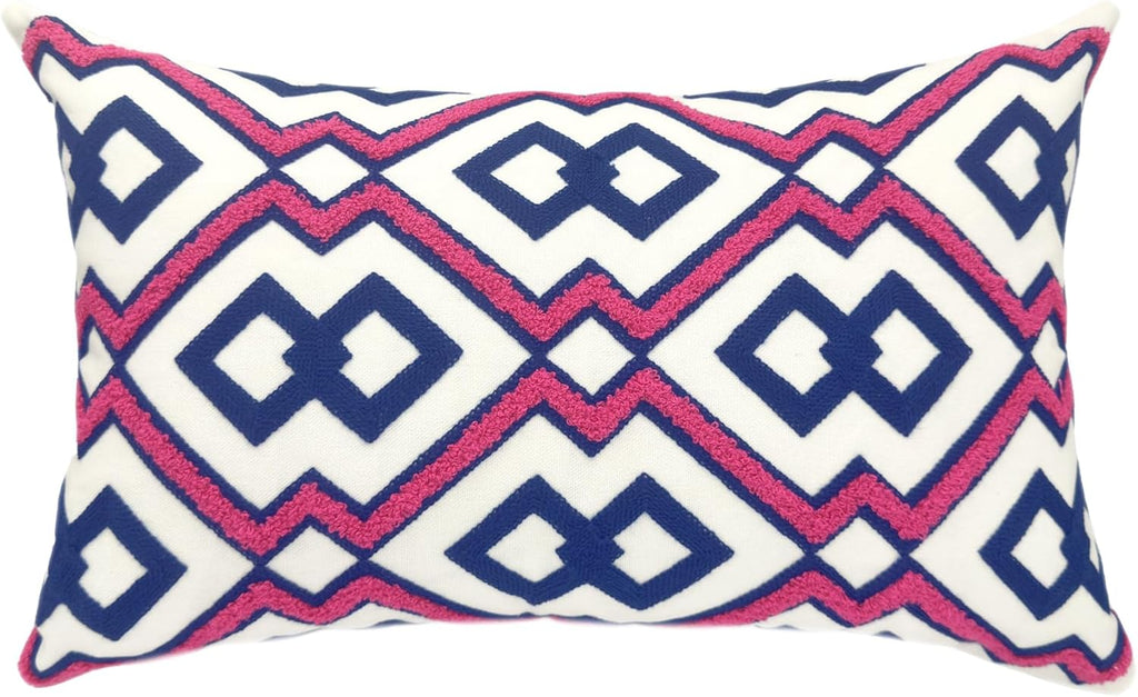 Alysheer Embroidered Lumbar Decorative Throw Pillow Cover 12"x 20", Classic Boho Geometric Embroidery Pattern Cotton Rectangular Cushion Case for Sofa Couch Living Room Bedroom(Blue Pink)