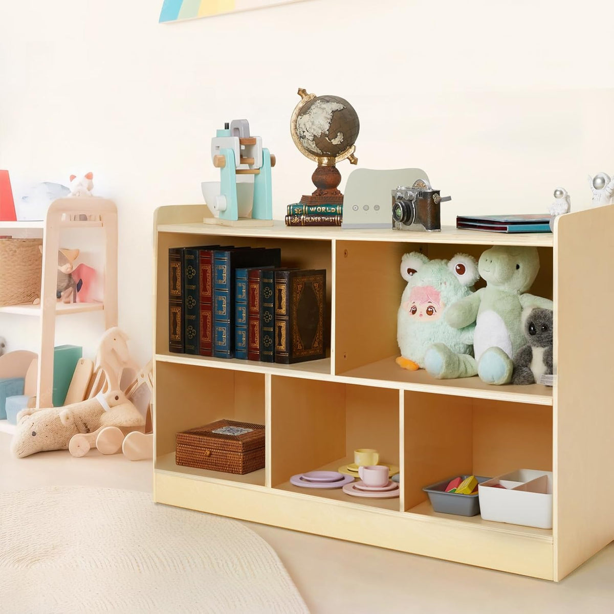 Montessori Shelf, Wooden Toy Storage Organizer for Books Toys, 2 Shelf Bookcase, 5-Section Storage Cabinet, Toddler Book Shelf for Kids Rooms, Playroom, Nursery, Kindergarten (Natural)