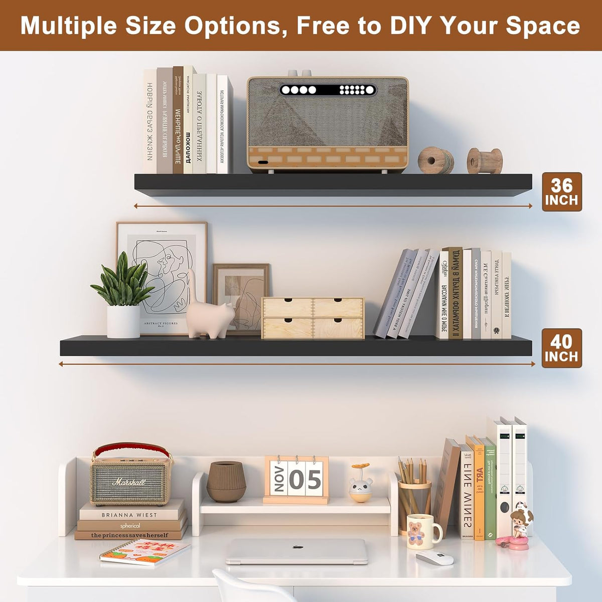 48 Inch Floating Shelf 1 Pack Large Floating Shelves for Wall No Drilling Accessories Included Deep Wall Shelves for Living Room Kitchen Farmhouse 48" W x 12" D x 1.2" Black