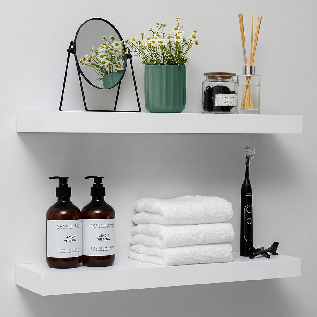 Homeforia White Floating Shelves 24 inch, High End Solid Real Wood 24inch Bathroom Floating Shelf for Wall Mounted, White Wooden 24in Floating Shelves, Heavy Duty Bracket, 24 X 6.5 X 1.75 in, Set of 3