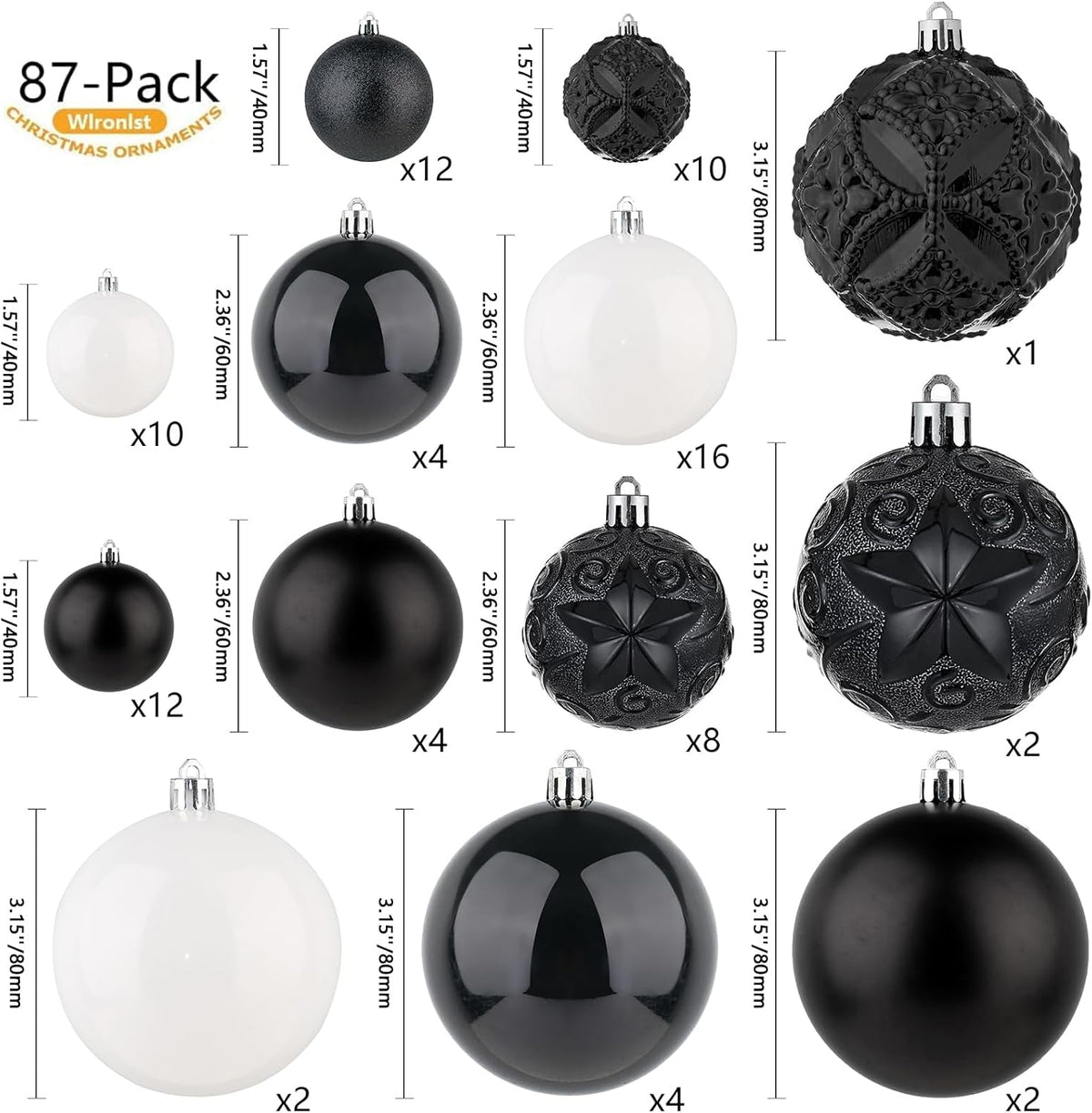 87-Pack Shatterproof Christmas Ball Ornaments Set, Christmas Tree Decorations with Hand-held Gift Package for Xmas Tree Holiday Wedding Party (Black and White)