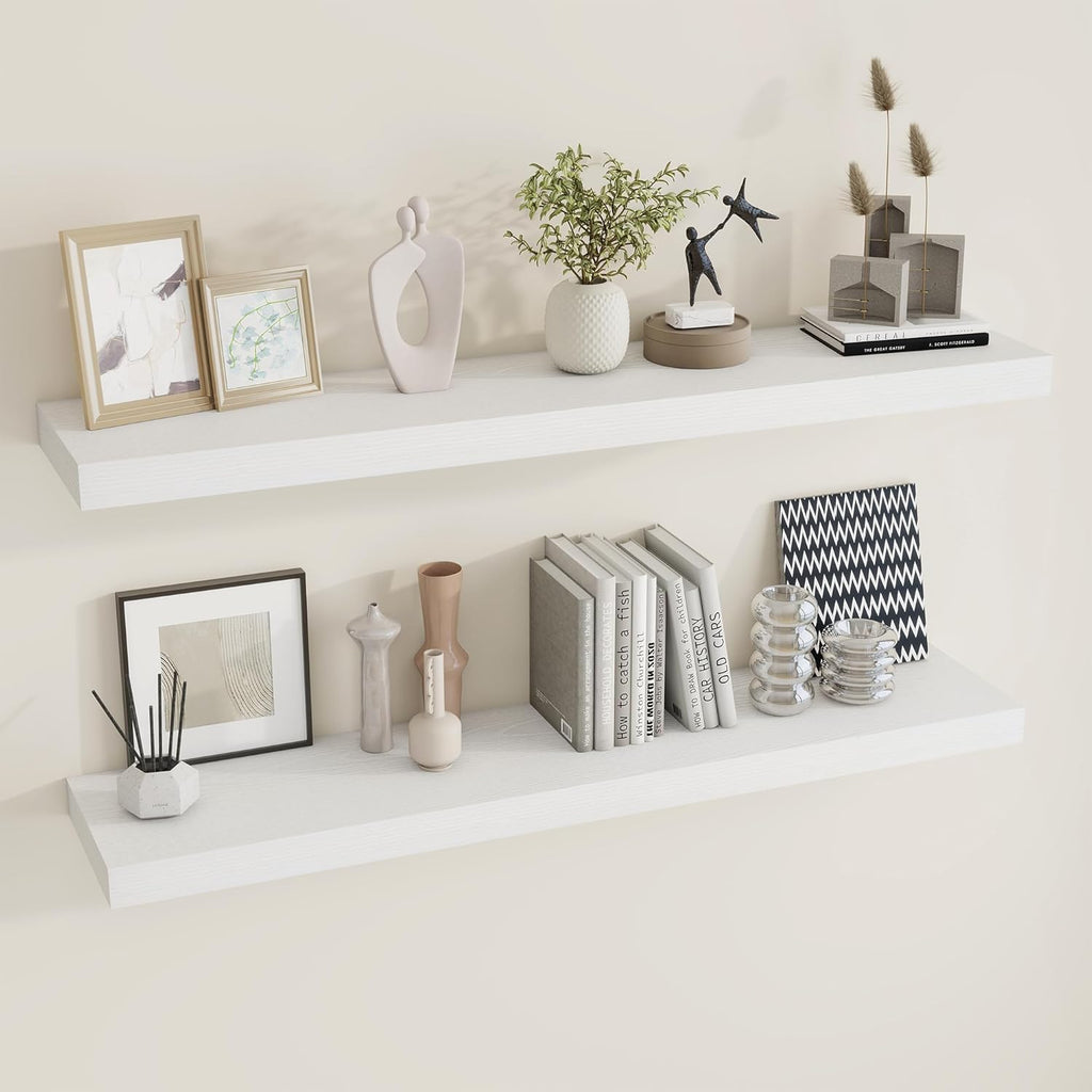 48 inch Floating Shelves for Wall Large Wall Mounted Shelves with Invisible Brackets, White Long Shelves for Bathroom, Living Room, Kitchen, Office, 48x9.1 inch deep Set of 2
