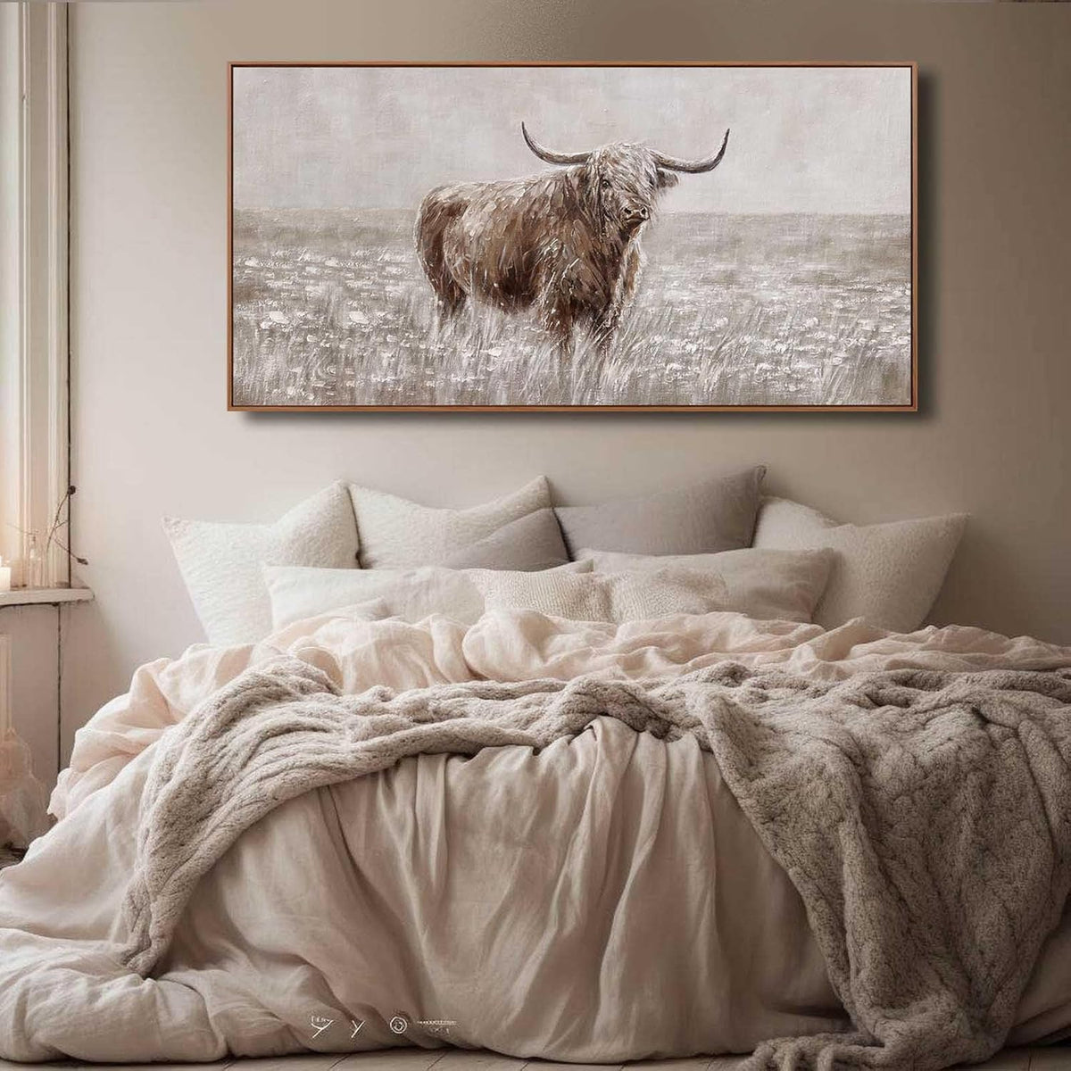MLART99 Vintage Brown Highland Cow Painting Farmhouse Wall Art with Frame Country Decor Animal Poster for Living Room Bedroom Decor Ready to Hang 24x48