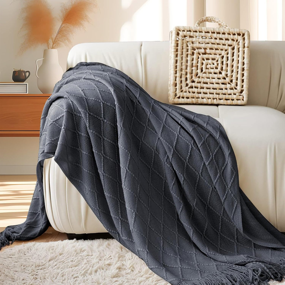 inhand Knit Graphite Grey Throw Blanket for Couch, Soft Living Room Home Decor Knitted Twin Size Blanket, Outdoor Lightweight Breathable Summer Blanket, Farmhouse Warm Woven Decorative, 60"x80"