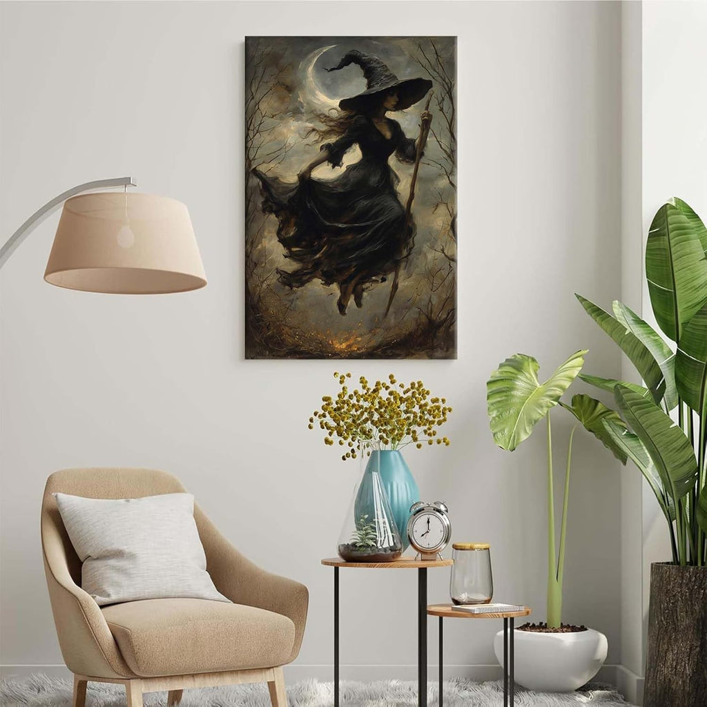 Witch in the Forest Halloween Print Wall Art Poster Witch Decor Vintage Print Dark College Wall Art Victorian Gothic Room Decor Canvas Wall Print28x40in Wood Framed