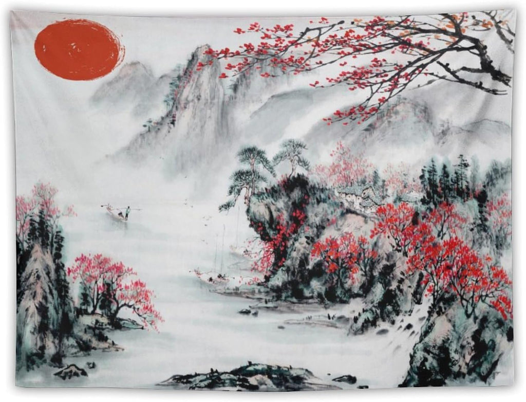 Cherry Blossoms Tapestry,Japanese Red Landscape Asian Watercolor Abstract Art Tapestry, Asian Japanese Wall Tapestry, Nature Landscape Tapestries for Bedroom Living Room Decor 60"x50"