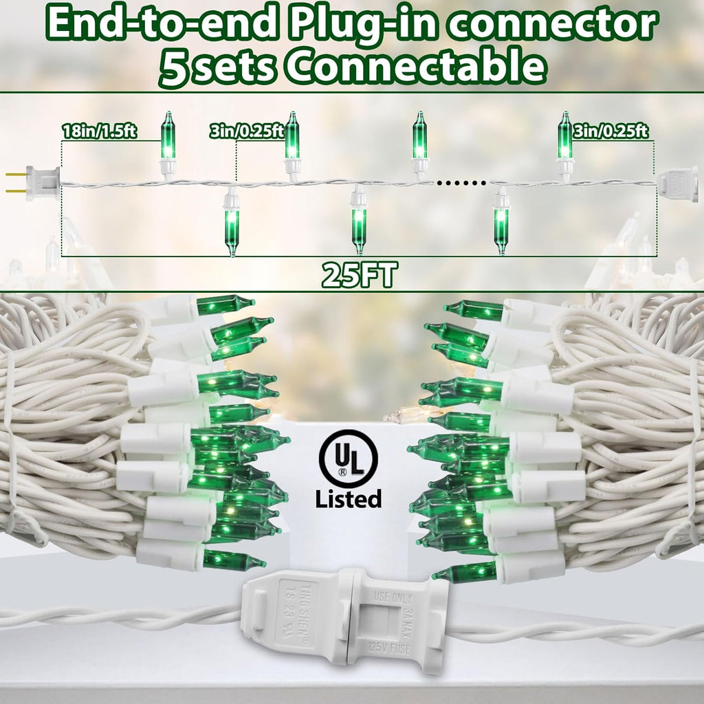 St. Patrick's Day Mini String Light Green Christmas Lights, 25FT 100 Incandescent Bulbs Green Lights with White Wire for Christmas Tree, Garland, Indoor & Outdoor St Patricks Day Decoration