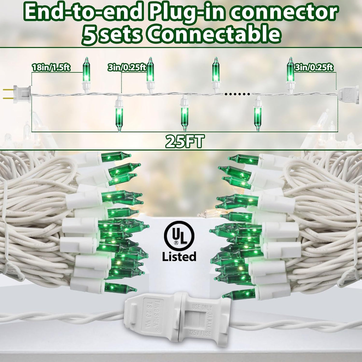 St. Patrick's Day Mini String Light Green Christmas Lights, 25FT 100 Incandescent Bulbs Green Lights with White Wire for Christmas Tree, Garland, Indoor & Outdoor St Patricks Day Decoration