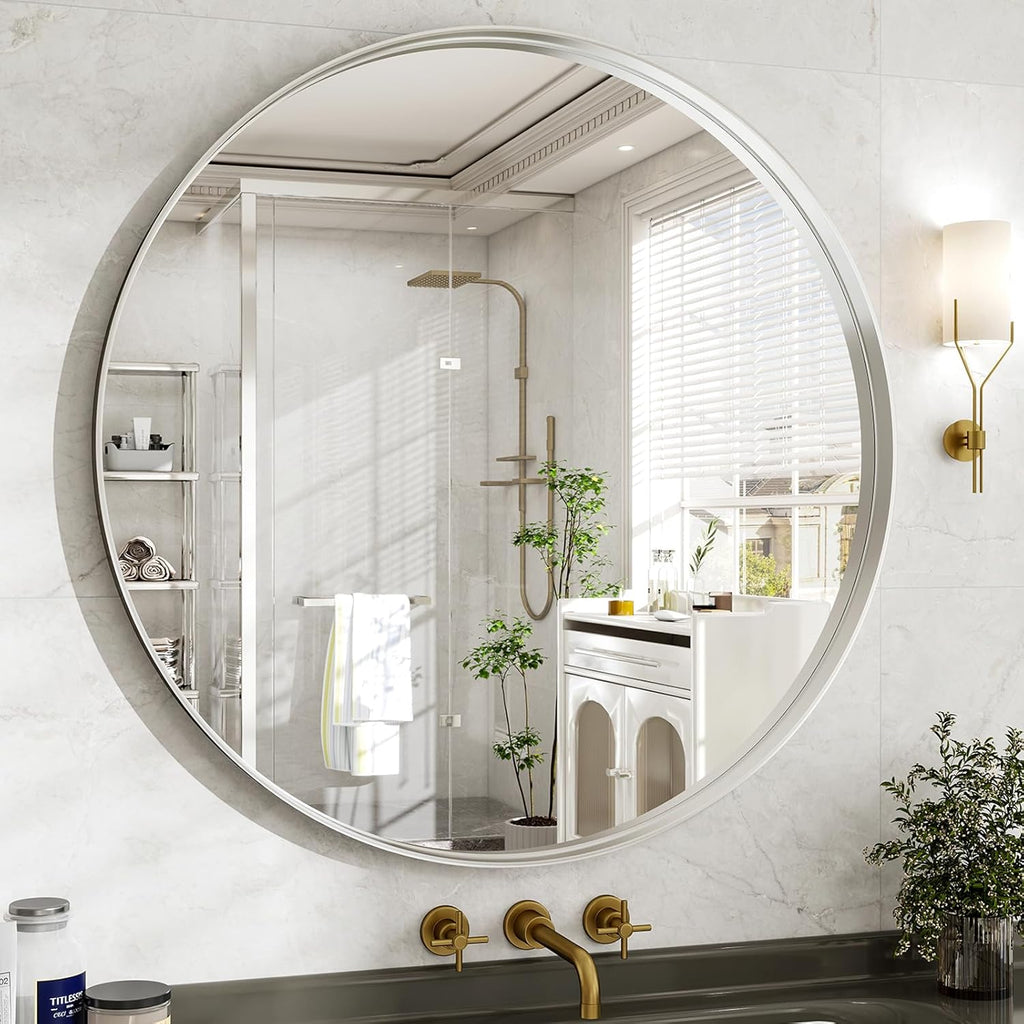 48 Inch Round Bathroom Mirror - Wall Mounted Circle Mirror with Metal Frame, Modern Mirror Suitable for Bathroom, Vanity, Entryway, Living Room, Wall Decor,Silver