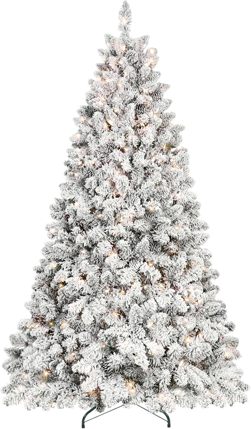 5ft Pre-lit Flocked Christmas Tree, Artificial Christmas Tree with Lights, Snow Frosted Christmas Trees Pre-lit with Pine Cones & 300 UL Lights, 600 Tips, Hinged Easy Setup Xmas Tree