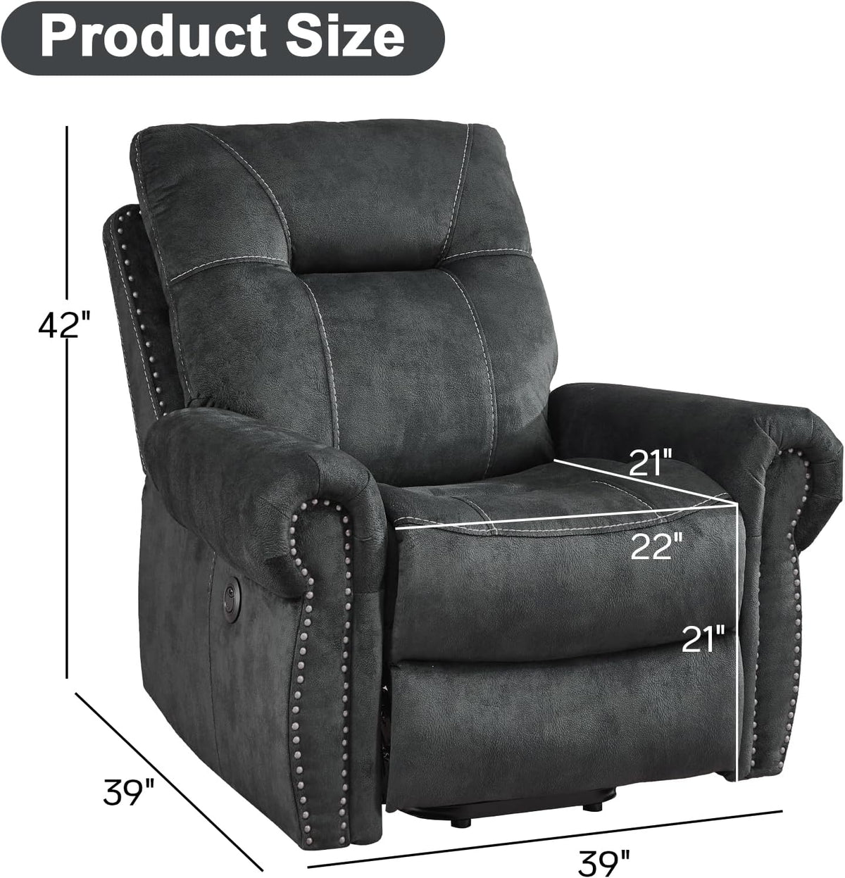 EBELLO Electric Power Recliner Chair with Massage and Heat, Soft Fabric Massage Recliner for Adults, Overstuffed Single Reclining Sofa, Vintage Rivet Mid-Century Design for Living Room, Grey